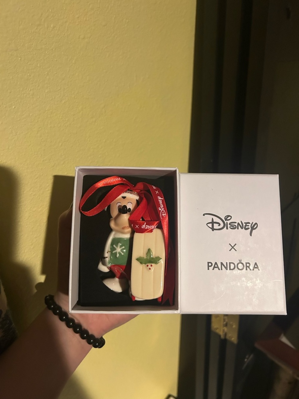 Disney Pandora Mickey Mouse Ornament with Red Ribbon and Green Sweater